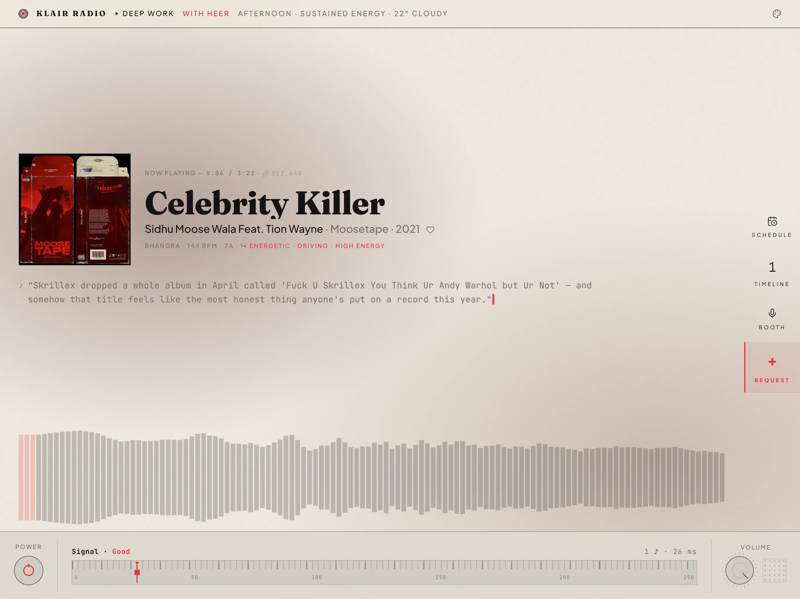 The Classic skin: a masthead across the top, cover art beside the track title and artist, a line from the DJ, a panel rail on the right, and a waveform above the transport bar